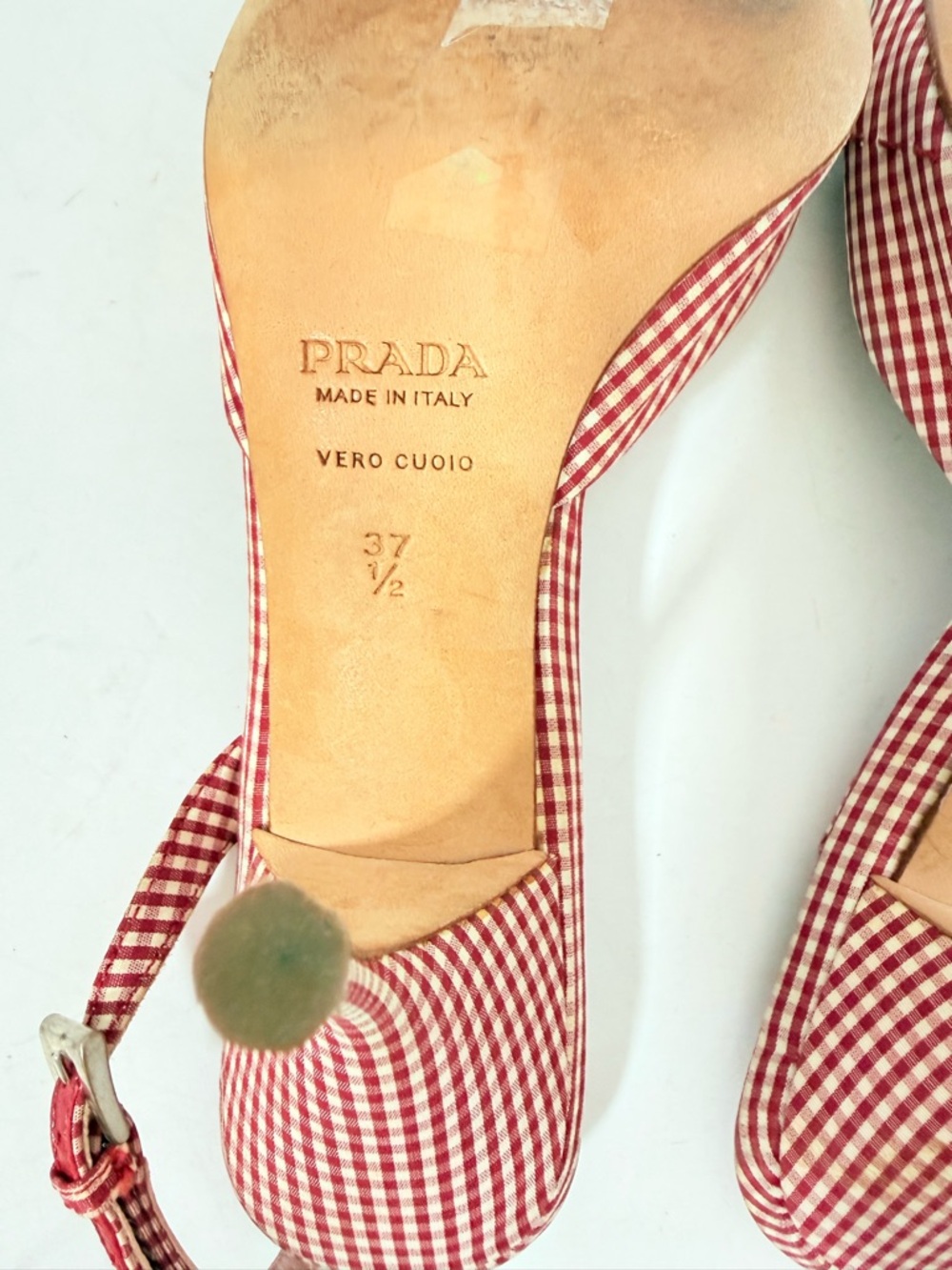 Prada Vintage 2000s Gingham Floral Appliqué Slingback Heels 37.5 Red Kitten Heel - Picture 10 of 10